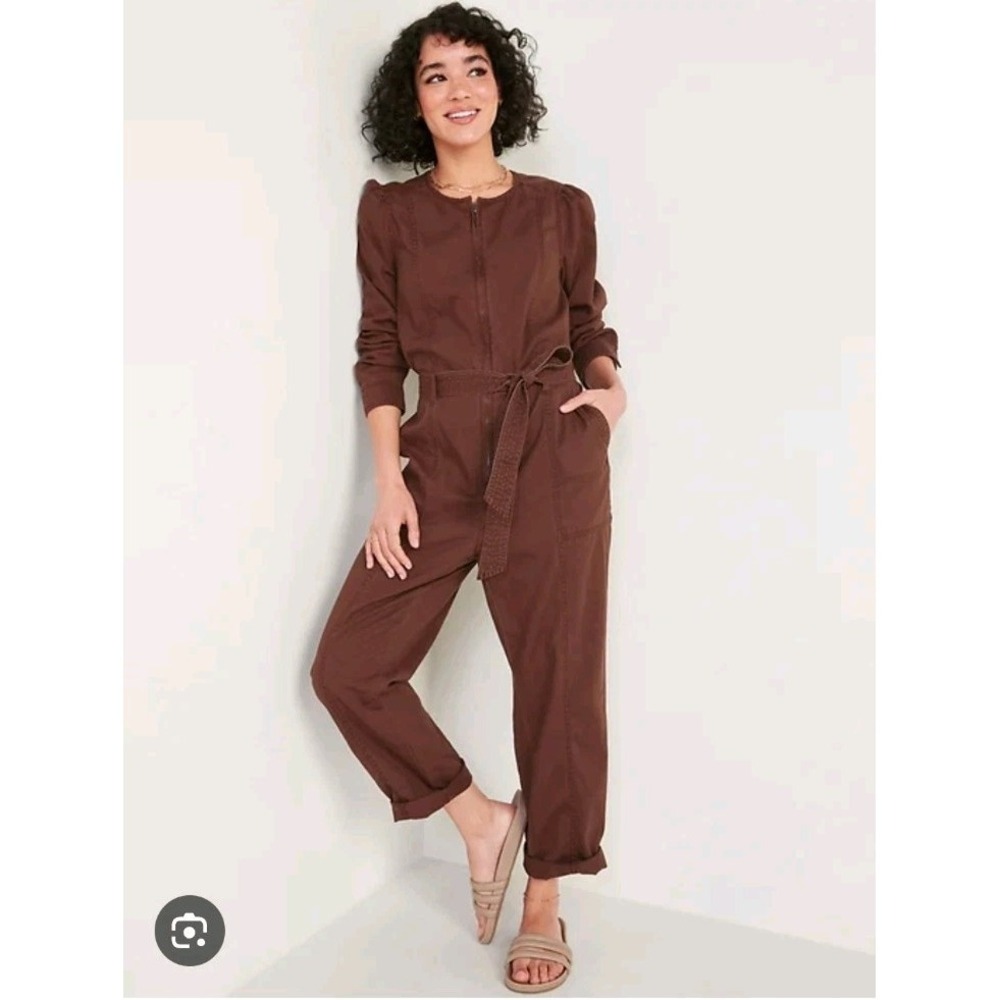 Old Navy Brown Long Sleeve Zip Front Cropped Utility Grunge Jumpsuit Size XS